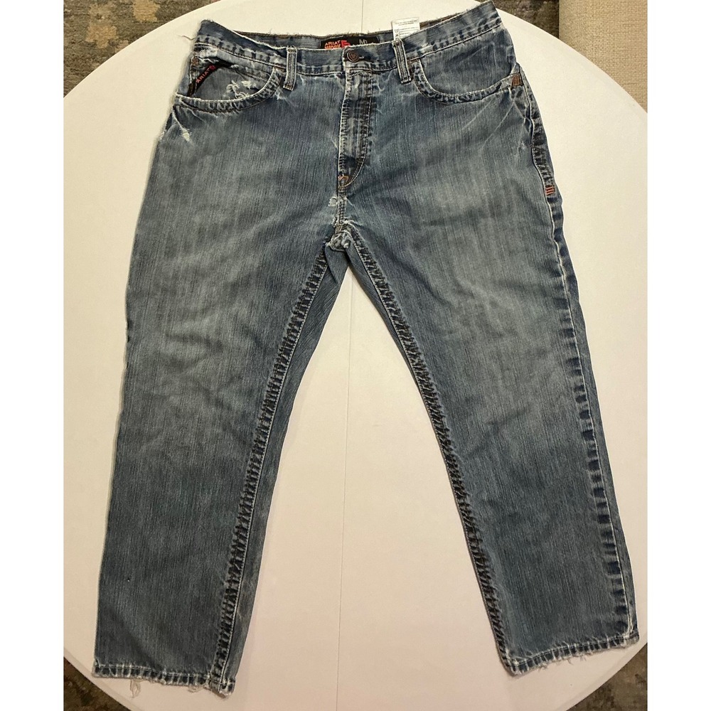 Ariat Rebar M4‎ Mens Relaxed Boot Cut Work Jeans Blue Distressed 36x29 Baggy